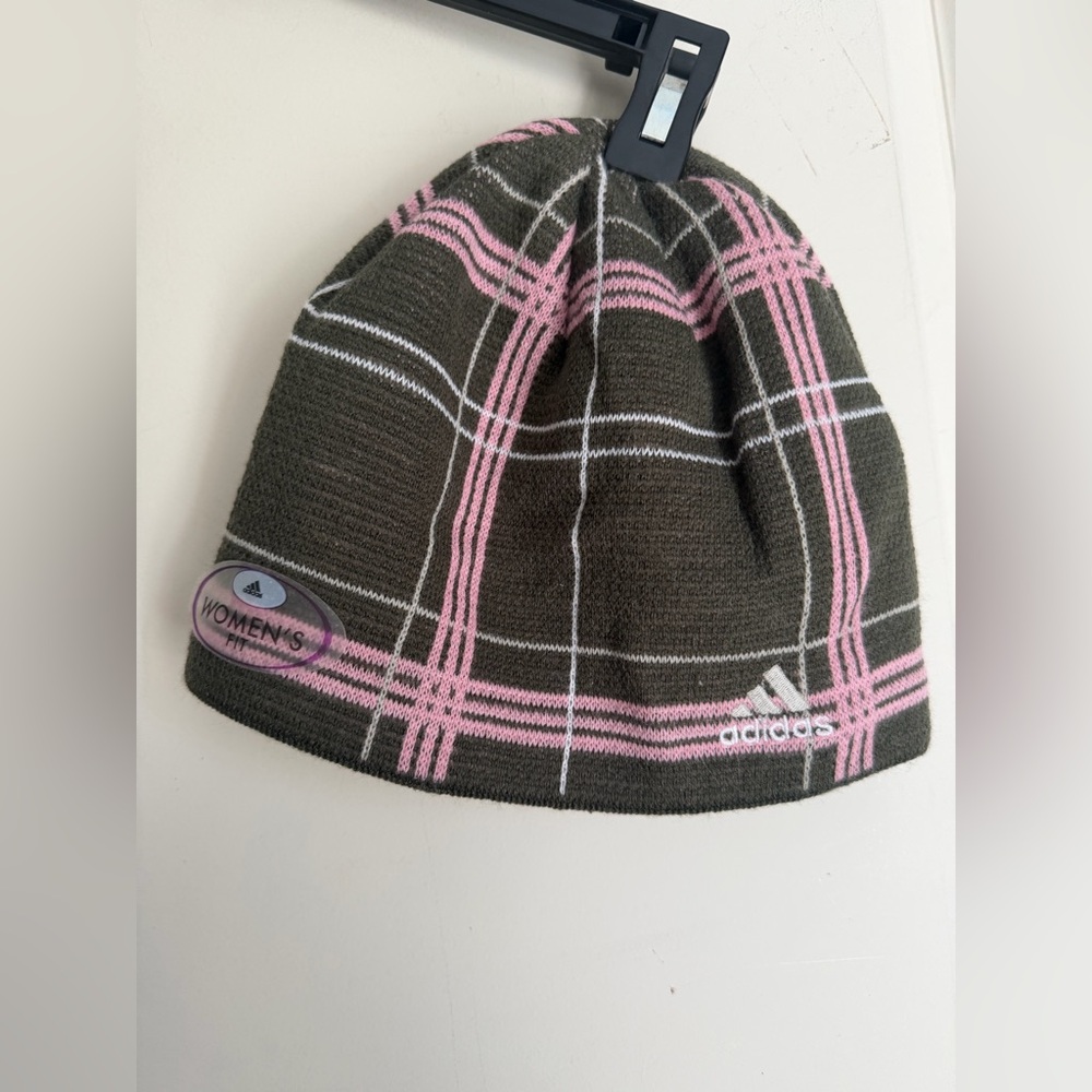 Adidas nwt Kids Plaid Beanie Pink and Olive outdoors camping winter casual